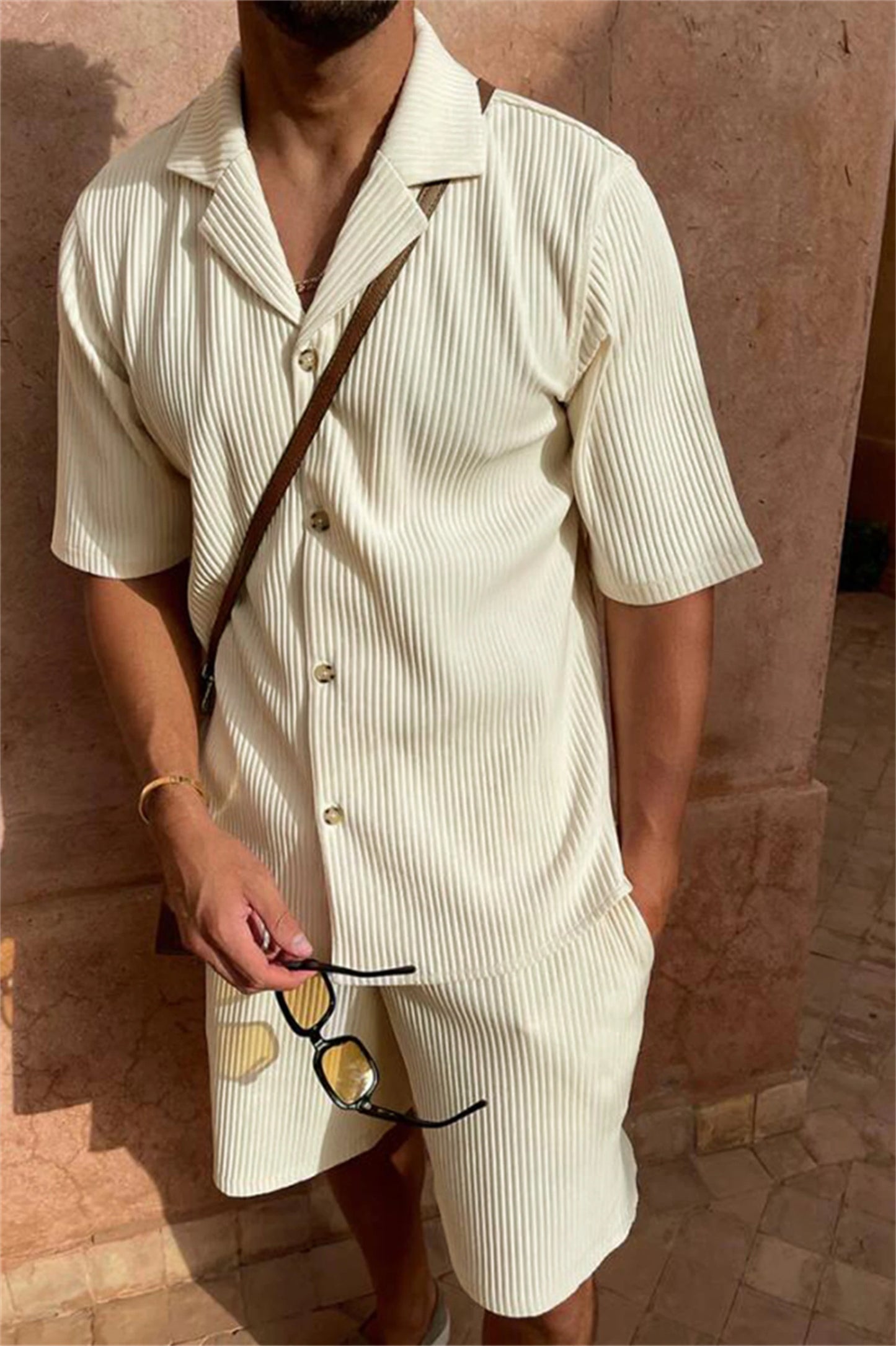 Costume printemps/été chemise à manches courtes en velours côtelé de couleur unie et short extensible costume de plage décontracté