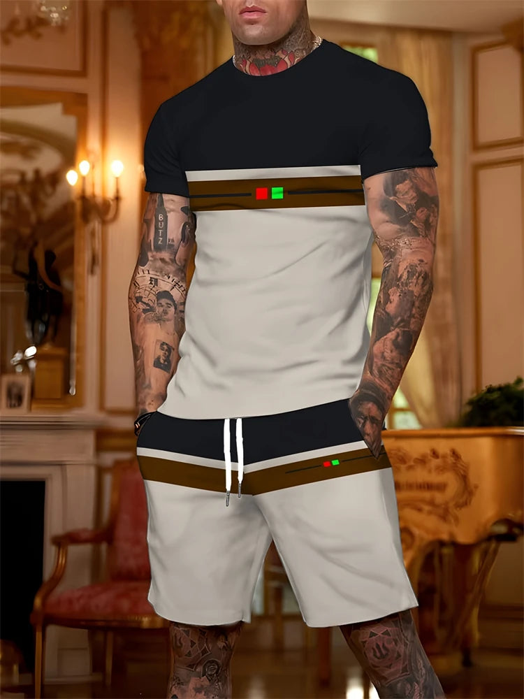 Ensemble 2 pièces pour hommes, T-shirt à manches courtes et Short à rayures avec lettres imprimées, surdimensionné, ample, col rond, avec cordon de serrage, été
