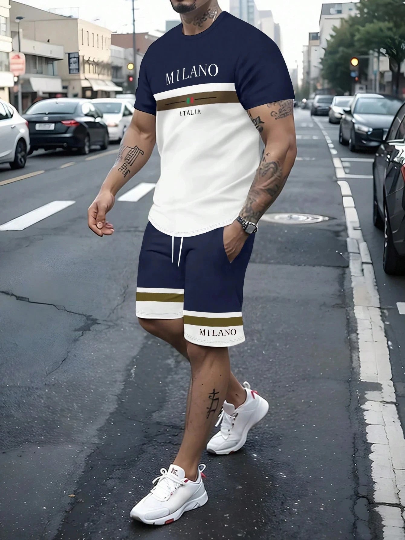Ensemble 2 pièces pour hommes, T-shirt à manches courtes et Short à rayures avec lettres imprimées, surdimensionné, ample, col rond, avec cordon de serrage, été