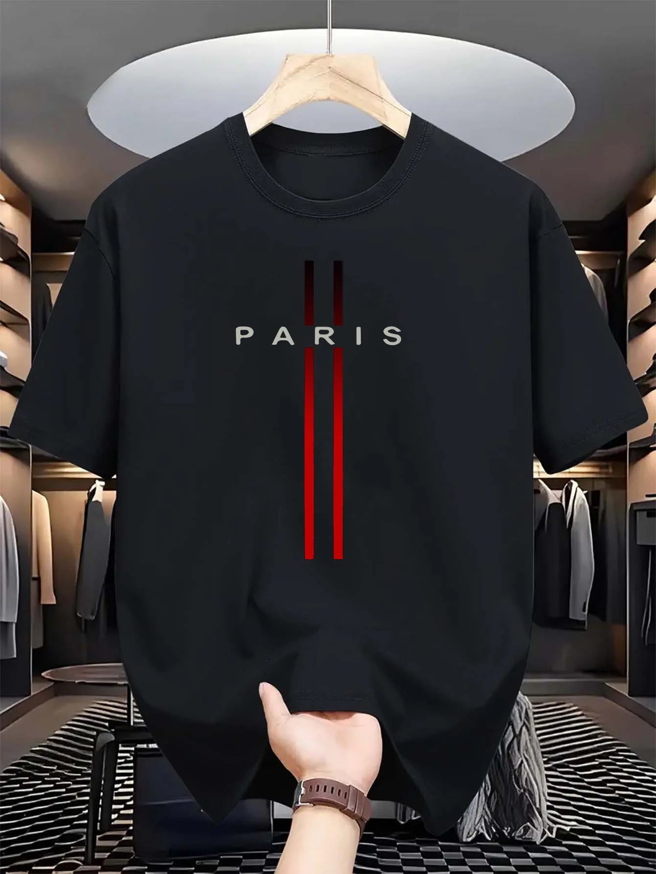 T-shirt d'été décontracté à manches courtes et col rond pour homme, 100 % pur coton, imprimé lettres Paris, confortable