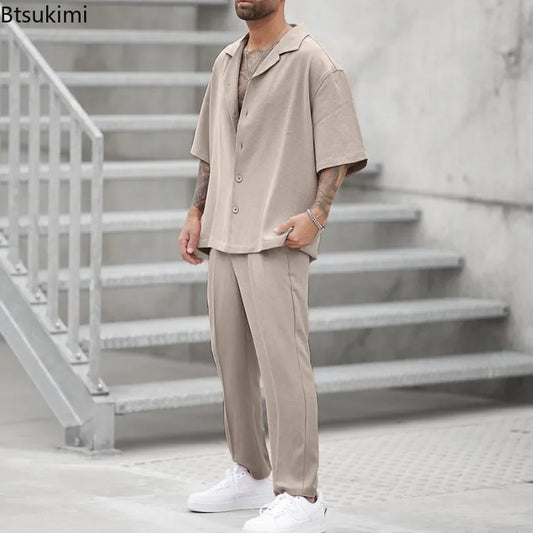 Ensemble 2 pièces 2025 décontracté pour homme, chemise à revers