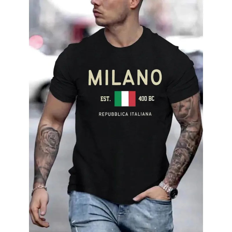 Milano imprimé T-shirt col rond à la mode à manches courtes Sport, confortable pour l'été, Style athlétique.