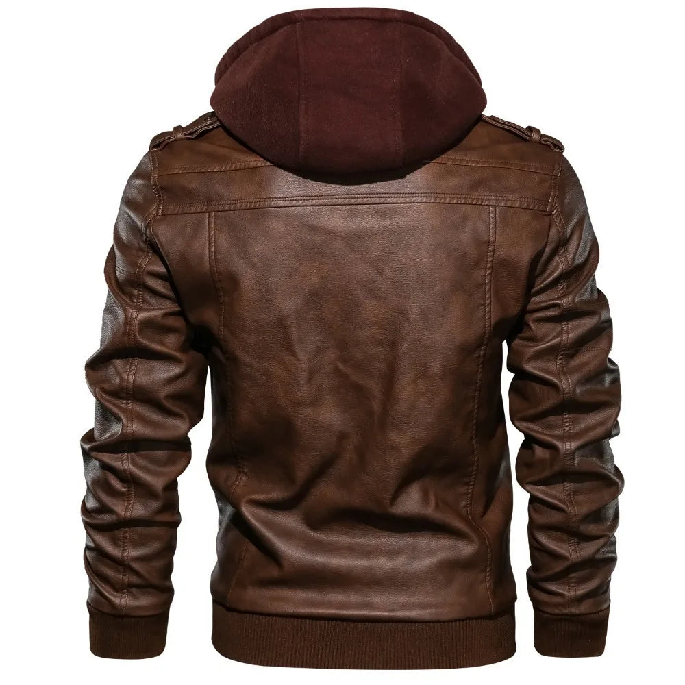 Vestes pour hommes, veste en faux cuir, double fermeture éclair, capuche amovible, manteau en cuir de motard