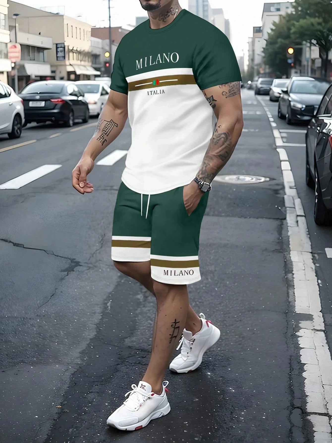 Ensemble 2 pièces pour hommes, T-shirt à manches courtes et Short à rayures avec lettres imprimées, surdimensionné, ample, col rond, avec cordon de serrage, été
