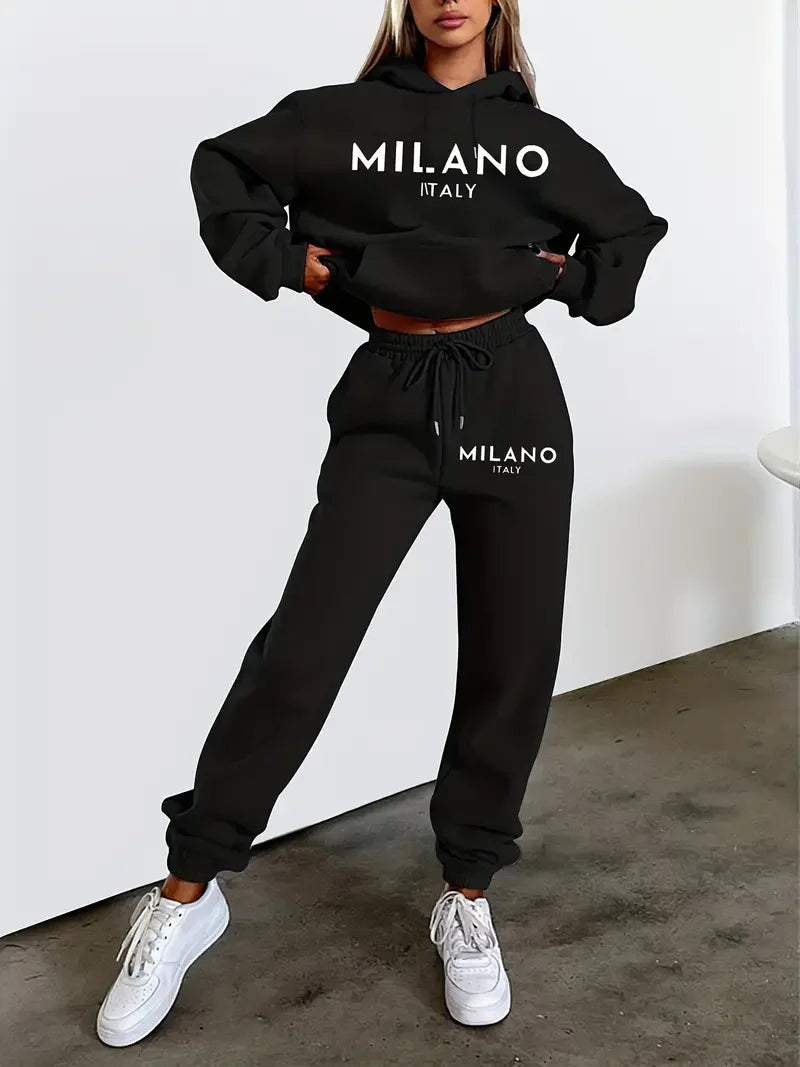 MILANO imprimé sweat à capuche, ensemble rue Hip Hop, vêtements décontracté 2 pièces vêtements en peluche sweat parfait pour l'extérieur.