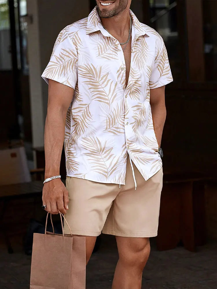 Ensemble 2 pièces chemise et short imprimé feuilles de palmier pour homme, short de plage hawaïen, ensemble à manches courtes à la mode