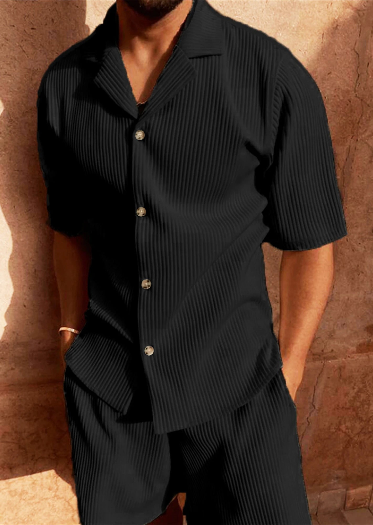 Costume printemps/été chemise à manches courtes en velours côtelé de couleur unie et short extensible costume de plage décontracté