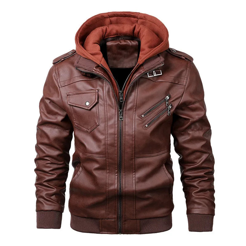Vestes pour hommes, veste en faux cuir, double fermeture éclair, capuche amovible, manteau en cuir de motard
