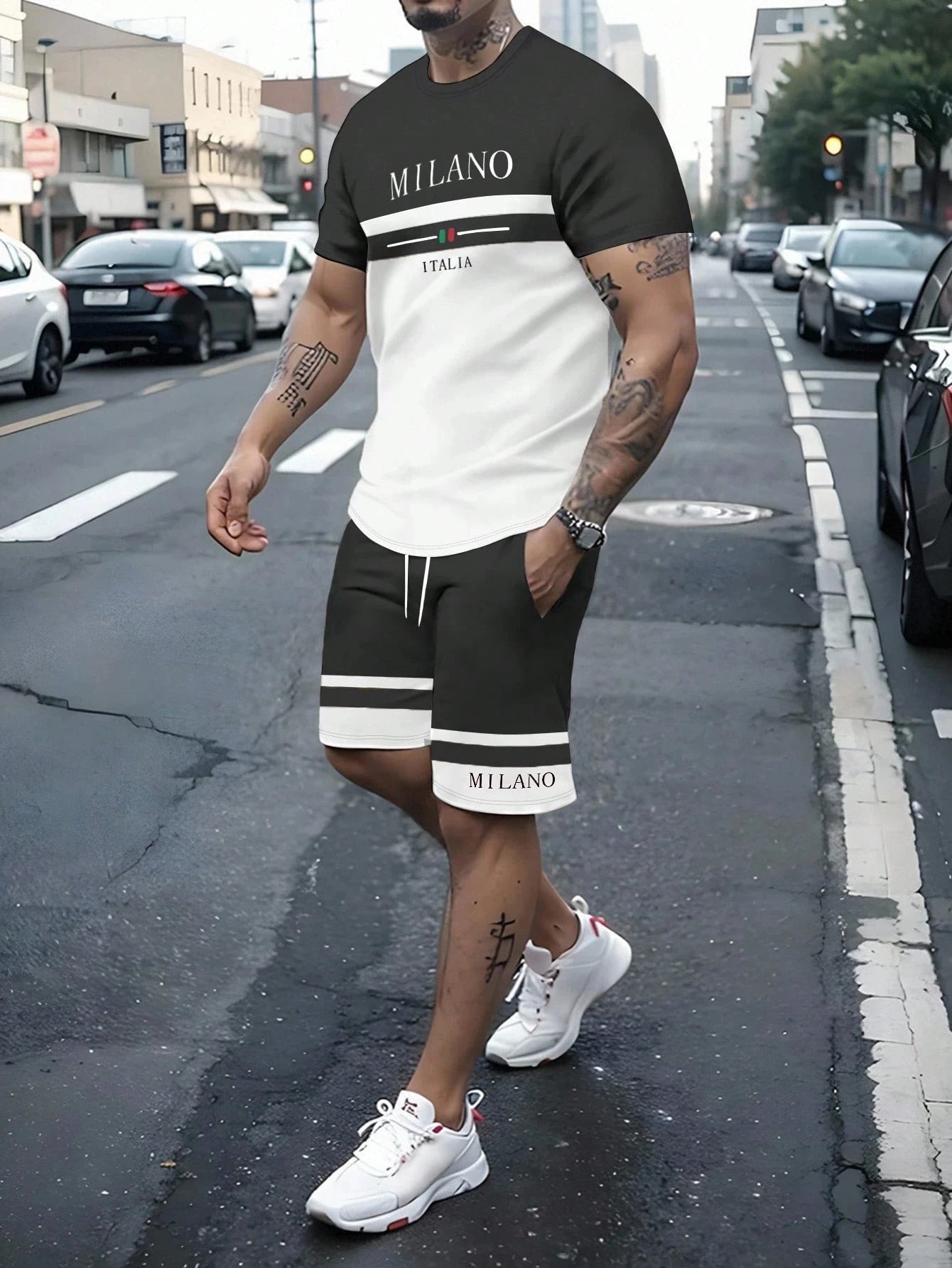 Ensemble 2 pièces pour hommes, T-shirt à manches courtes et Short à rayures avec lettres imprimées, surdimensionné, ample, col rond, avec cordon de serrage, été