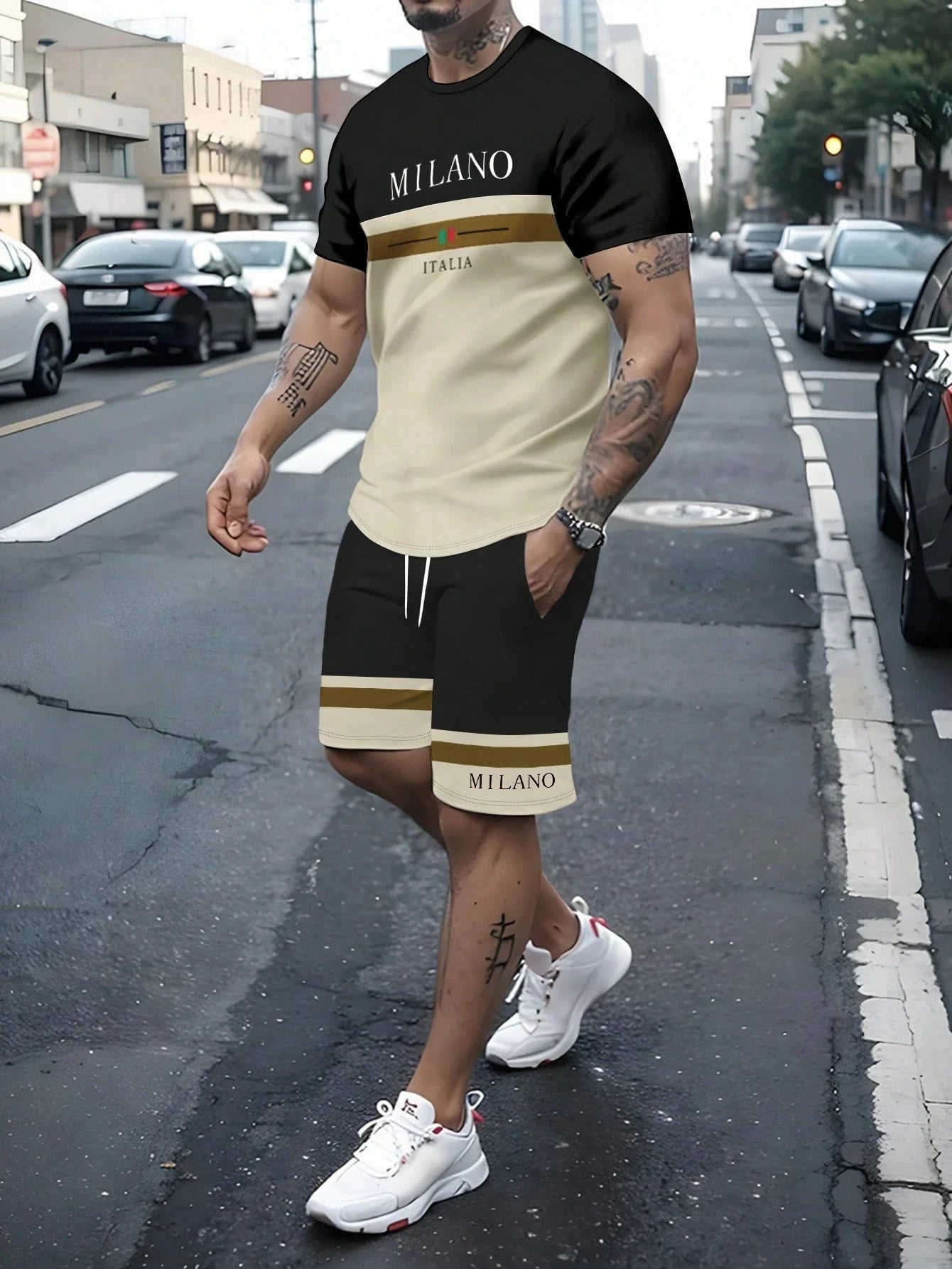 Ensemble 2 pièces pour hommes, T-shirt à manches courtes et Short à rayures avec lettres imprimées, surdimensionné, ample, col rond, avec cordon de serrage, été