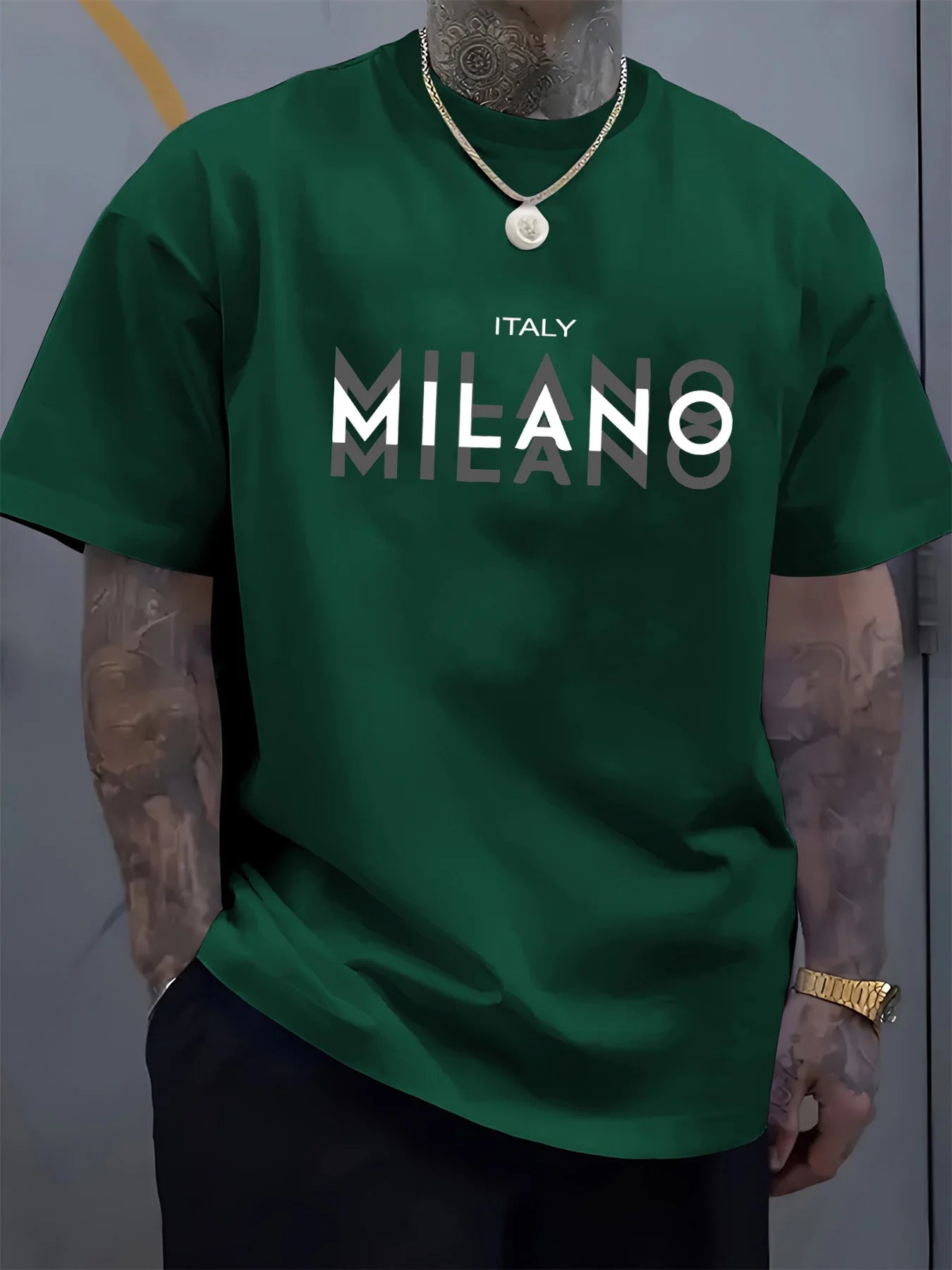 Italy MILANO 100% pur coton, décontracté, coupe ample, grande taille, imprimé, confortable, col rond, T-shirt manches courtes