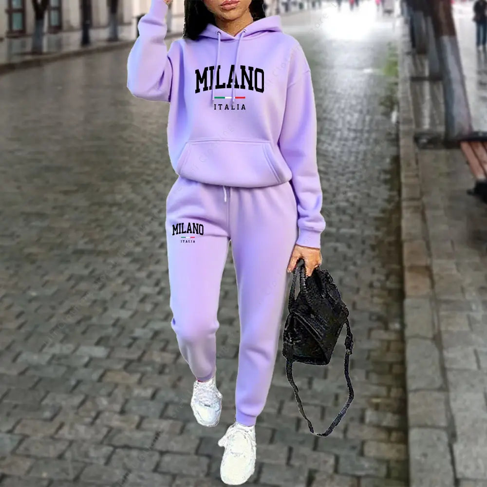 Ensemble 2 pièces MILANO, sweat à capuche et pantalon, tenue de sport, lettre imprimée, vêtements esthétiques, survêtement pour dames, automne et hiver