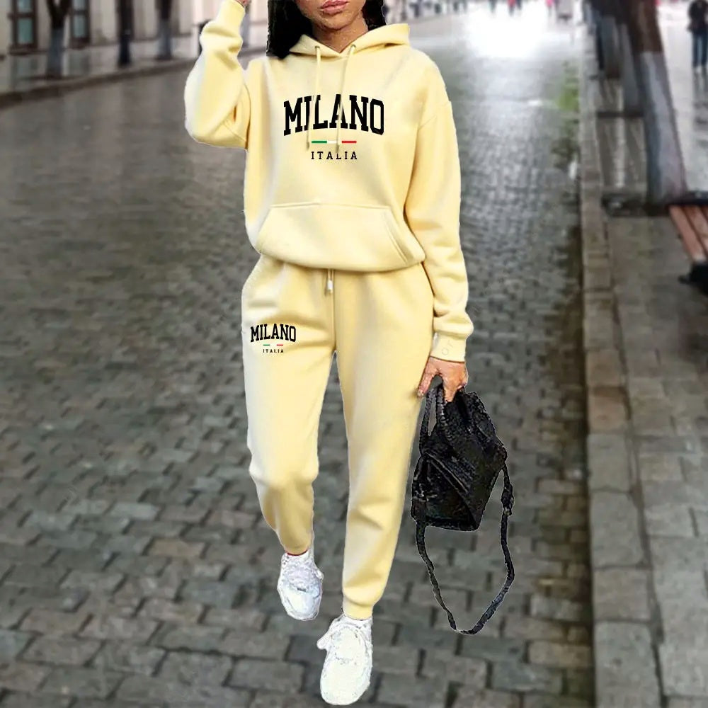 Ensemble 2 pièces MILANO, sweat à capuche et pantalon, tenue de sport, lettre imprimée, vêtements esthétiques, survêtement pour dames, automne et hiver