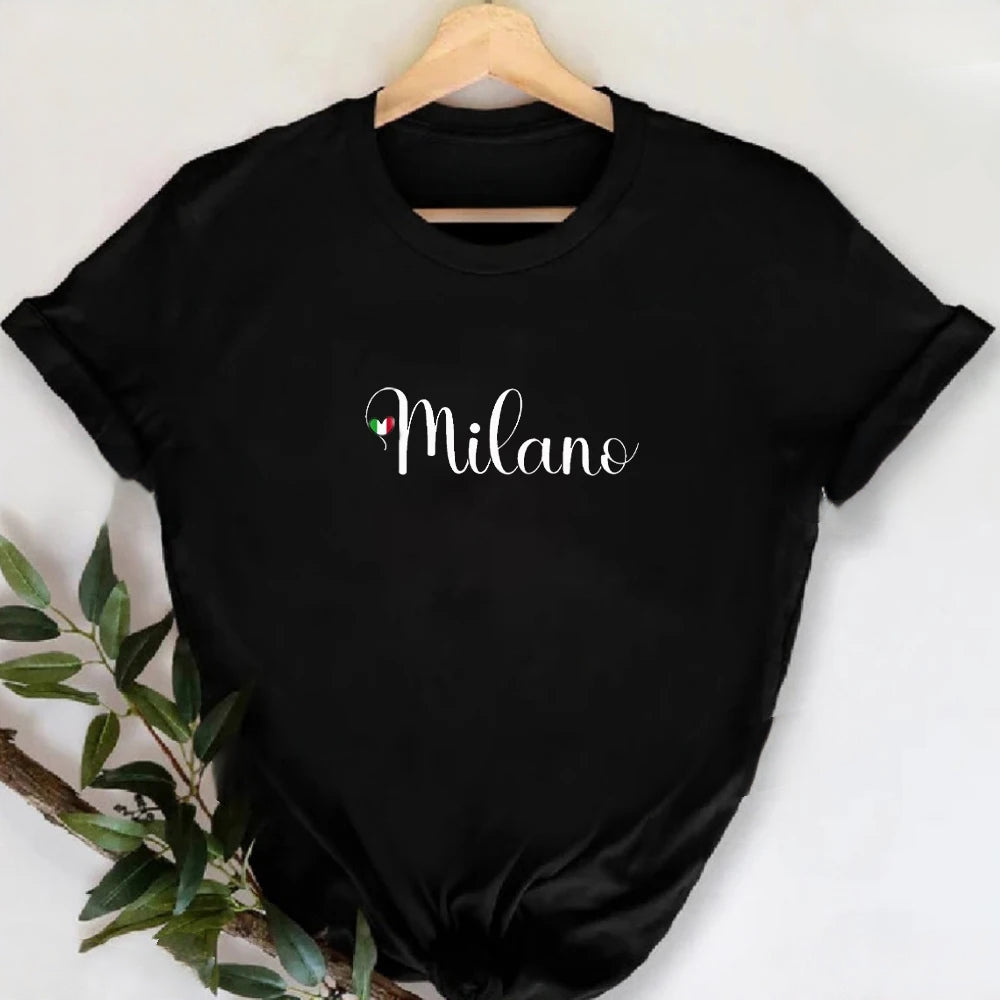 MILANO ITALY T-shirt à col rond imprimé pour femme, t-shirt décontracté à manches courtes, printemps et été