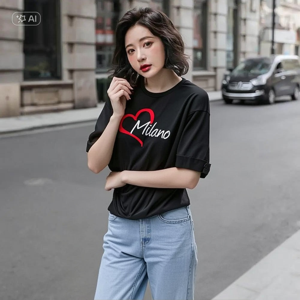 MILANO ITALY T-shirt à col rond imprimé pour femme, t-shirt décontracté à manches courtes, printemps et été