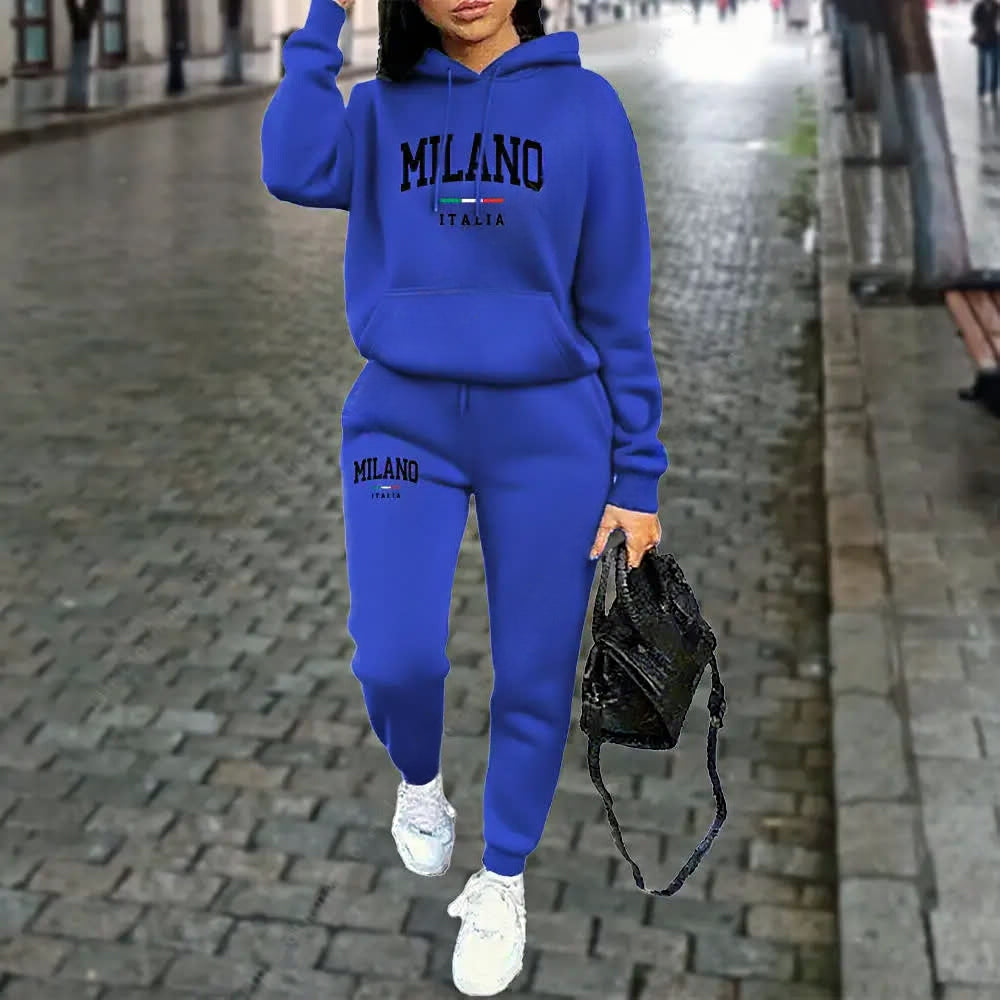 Ensemble 2 pièces MILANO, sweat à capuche et pantalon, tenue de sport, lettre imprimée, vêtements esthétiques, survêtement pour dames, automne et hiver