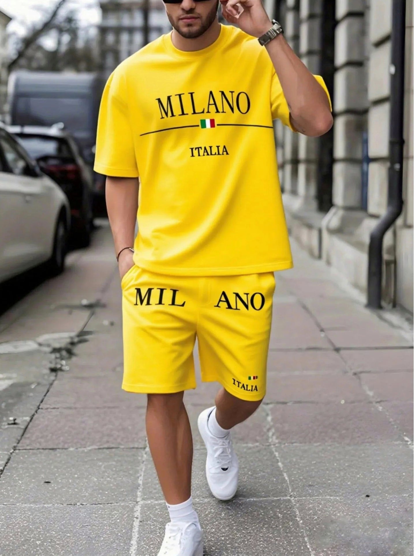 Nouveau MILANO ITALIA imprimer décontracté à manches courtes, ensemble T-Shirt/Short adulte .