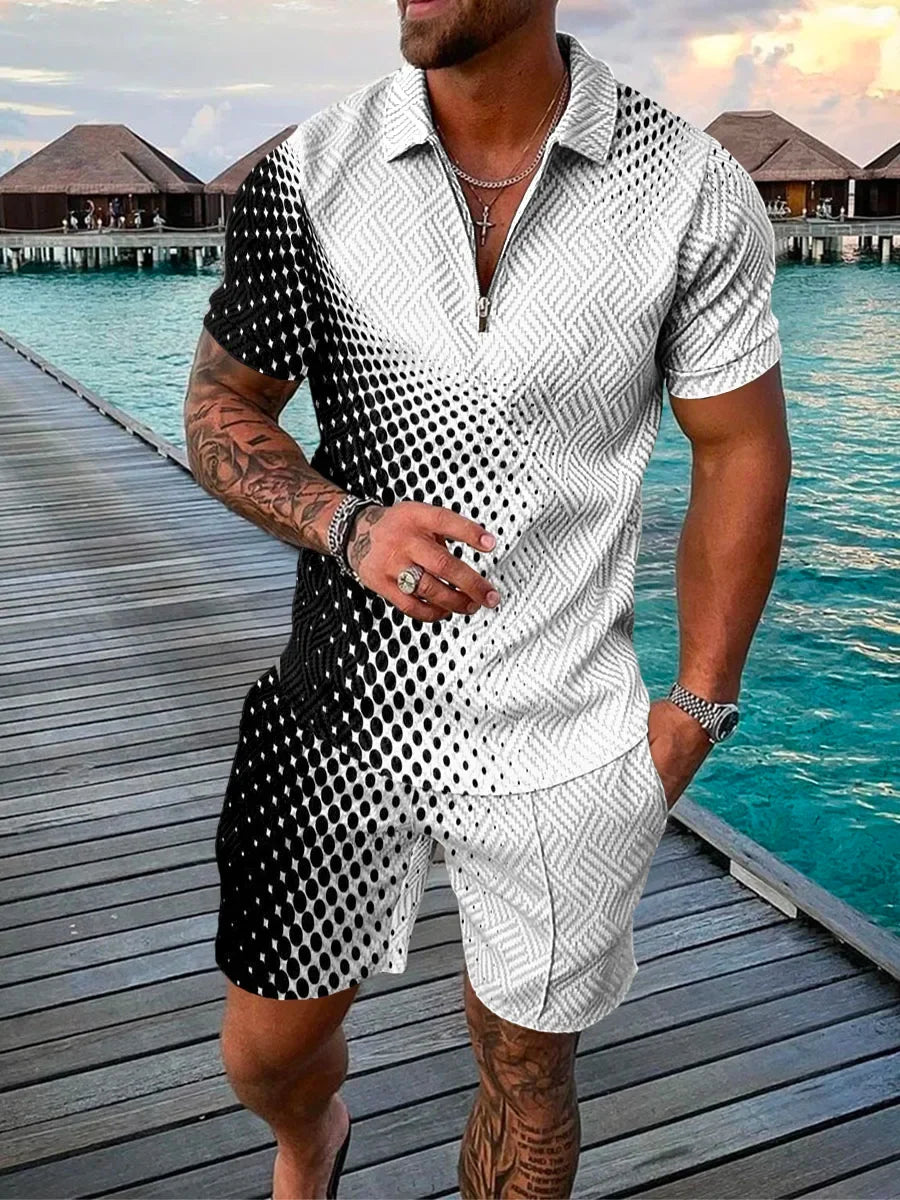 Ensemble 2 pièces à manches courtes et short pour homme, imprimé pois 3D amusant, polo zippé et décontracté, tenue d'été