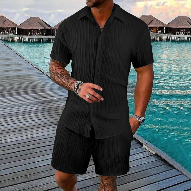 Costume d'été 2 pièces pour homme, chemise à manches courtes et short rayés plissés confortables, ensemble décontracté en polyester avec revers