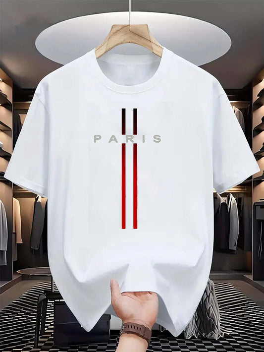 T-shirt d'été décontracté à manches courtes et col rond pour homme, 100 % pur coton, imprimé lettres Paris, confortable