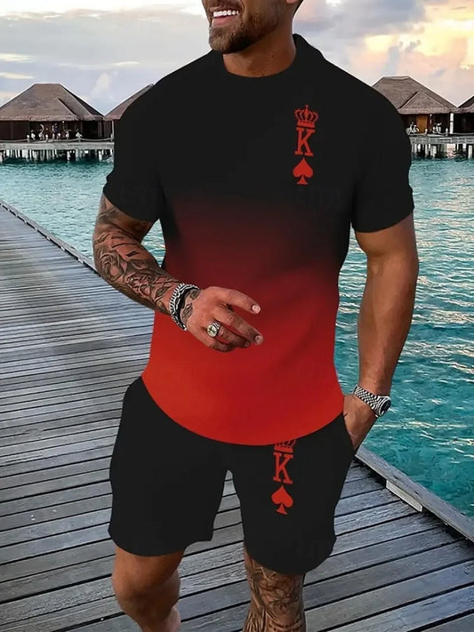 Ensemble deux pièces pour homme à manches courte, décontractée, streetwear d'extérieur, short pour homme, imprimé 3D, t-shirt et short pour homme K