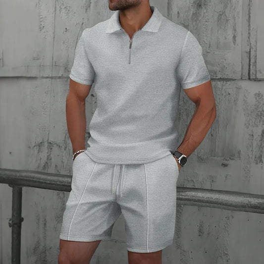 Ensemble deux pièces pour homme, nouvelle collection été 2025, couleur unie, fermeture éclair, revers, short, Europe et États-Unis