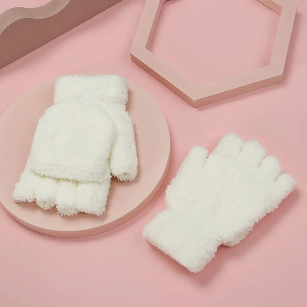 Fashionable dual-use thick coral velvet convertible flip-up mittens gloves