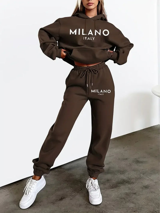 MILANO imprimé sweat à capuche, ensemble rue Hip Hop, 2 pièces en peluche parfait pour l'extérieur.