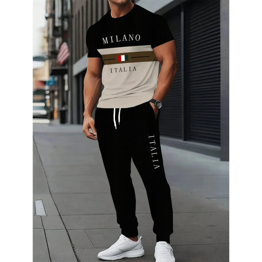 Le nouvel ensemble Milano streetwear décontracté et simple pour hommes, avec lettres imprimées en 3D, doux et confortable, été 2025