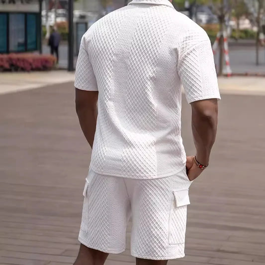 Ensemble polo décontracté d'été pour homme, chemise boutonnée à revers, couleur unie, manches courtes et short