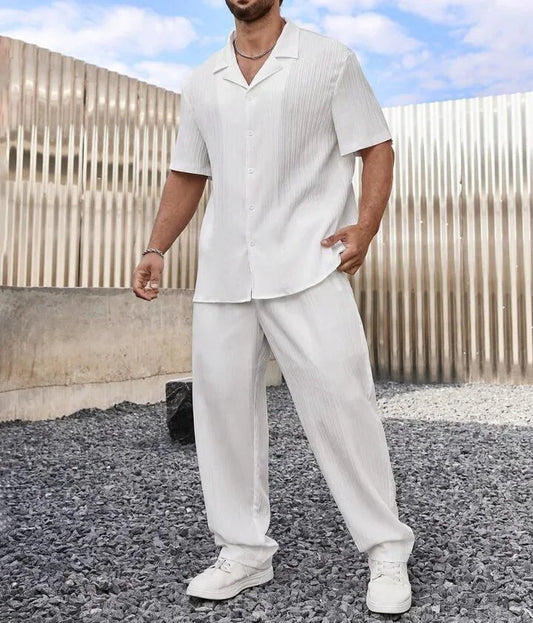 Ensemble deux pièces pour homme, survêtement décontracté, chemise boutonnée à manches courtes et pantalon, à la mode