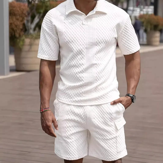 Ensemble polo décontracté d'été pour homme, chemise boutonnée à revers, couleur unie, manches courtes et short
