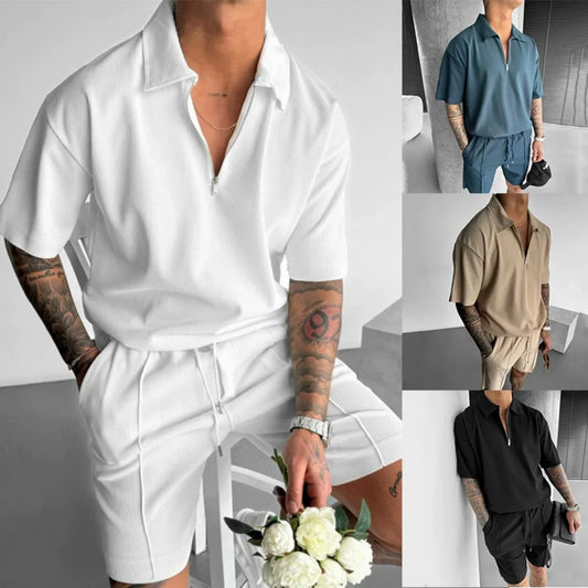 Polo d'été à manches courtes pour homme, avec fermeture éclair,short décontracté, couleur unie, collection 2025