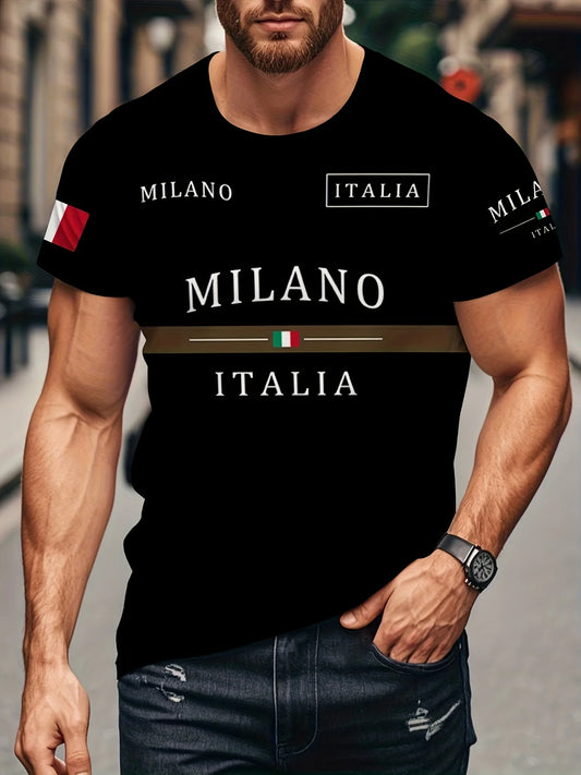 T-shirt Milano Italia pour homme col rond extensible confortable noir avec drapeau italien et imprimé "MILANO ITALIA"