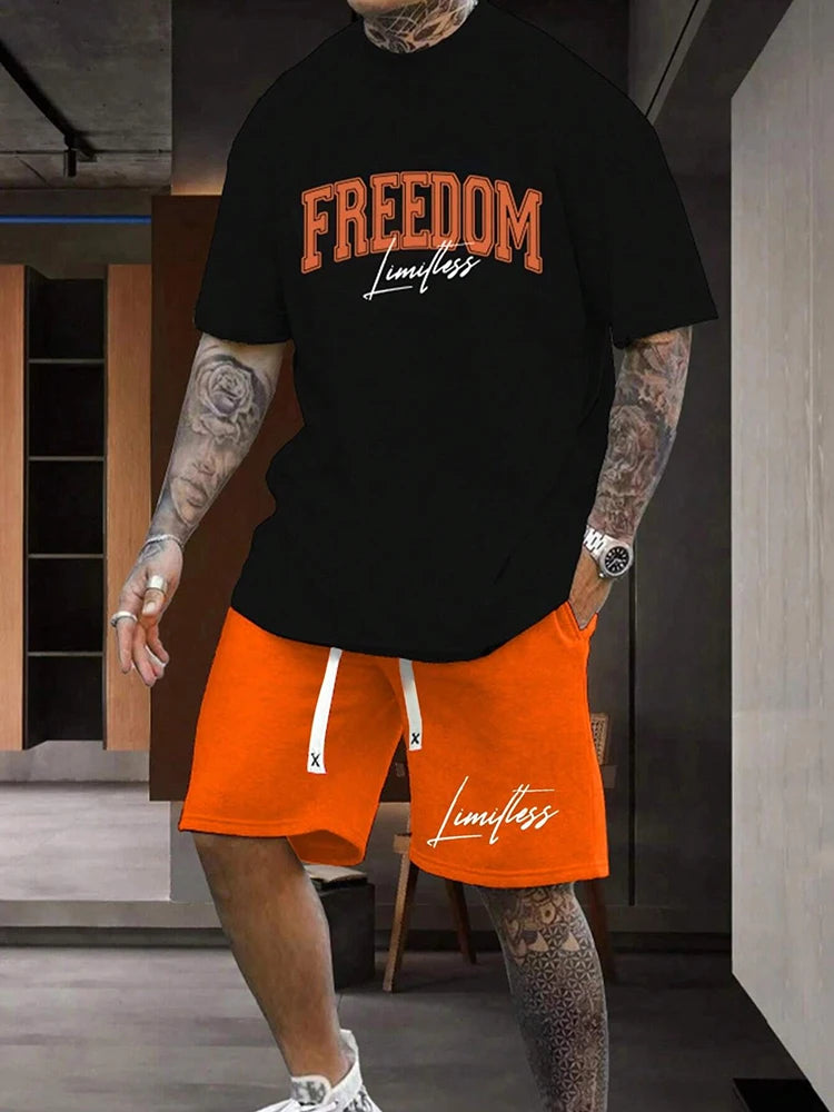 Ensemble deux pièces pour homme, décontracté, respirant, à manches courtes, style urbain, ample, t-shirt et short, idéal pour les vacances en plein air et le sport, idéal pour l'été