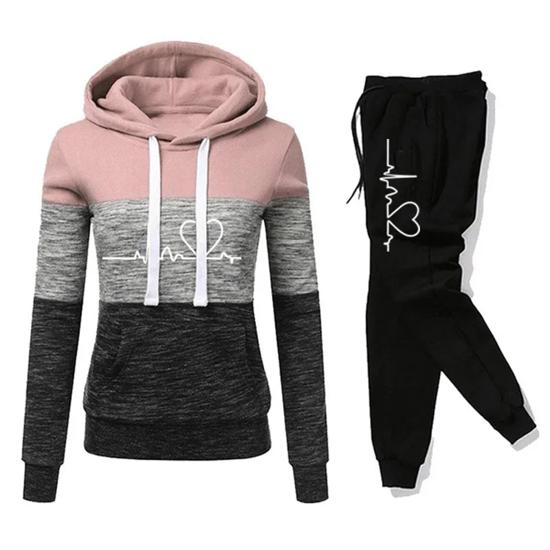 Survêtement imprimé pour femme, sweat à capuche, pantalon de survêtement, bloc de couleurs, polyvalent, décontracté, jogging, pantalon de sport