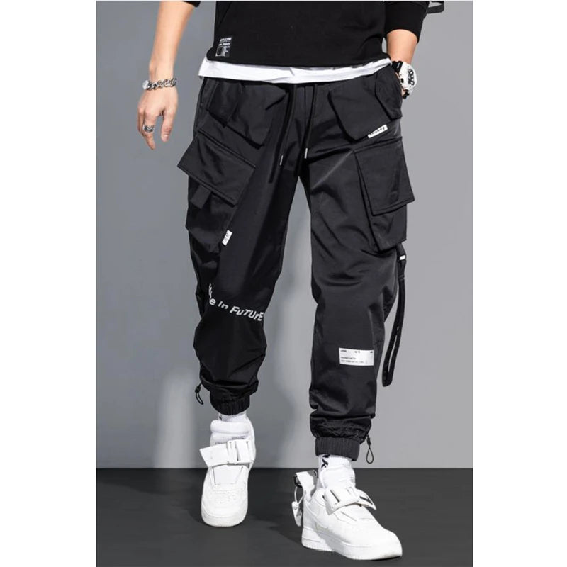 Mince Streetwear pantalons décontractés hommes rubans sarouel Jogging pantalon mâle coupe ajustée printemps Cargo pantalon multi-poches femmes pantalon K12