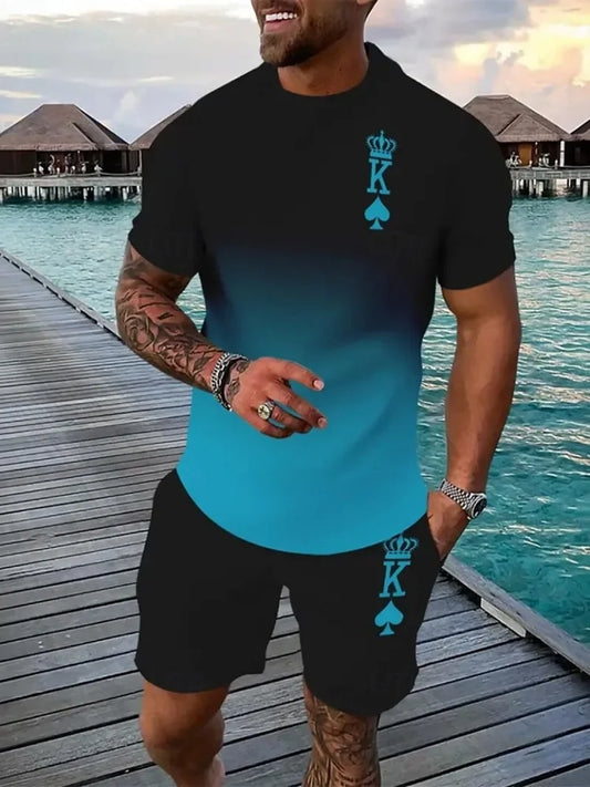 Ensemble deux pièces pour homme à manches courte, décontractée, streetwear d'extérieur, short pour homme, imprimé 3D, t-shirt et short pour homme K