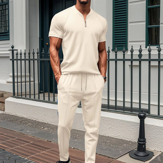 2025 Nouveau polo à col gaufré pour hommes, petite fermeture éclair, couleur unie, t-shirt à manches courtes et pantalon