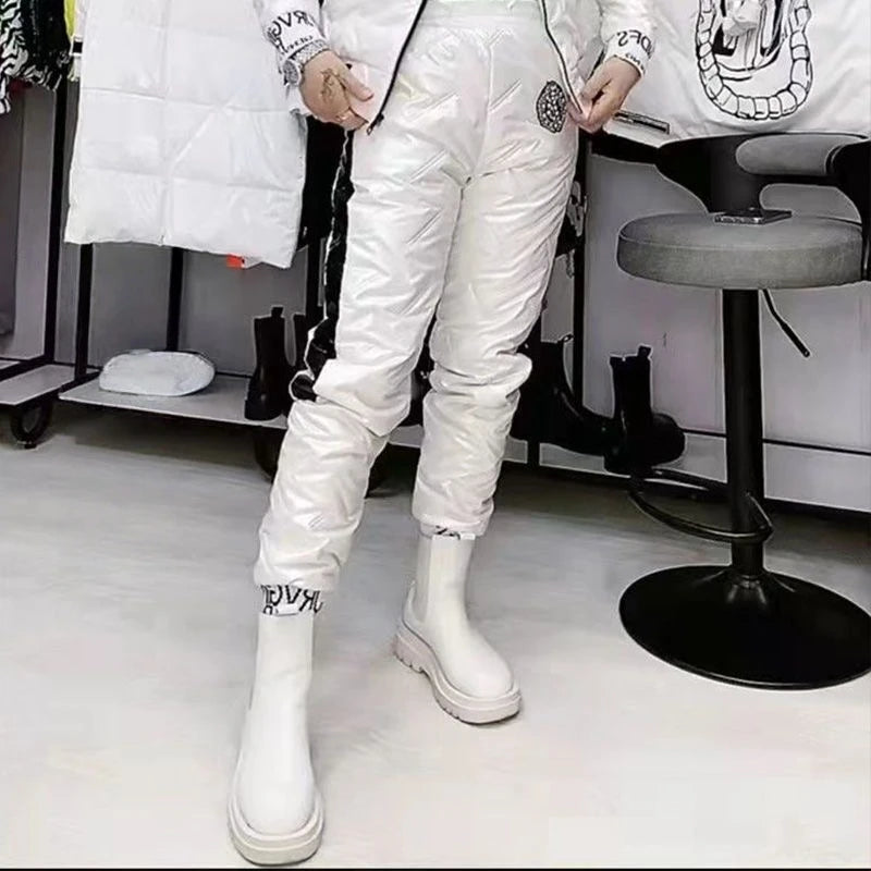 Pantalon brillants pour femmes décontracté rembourré en coton épais et chaud à la mode