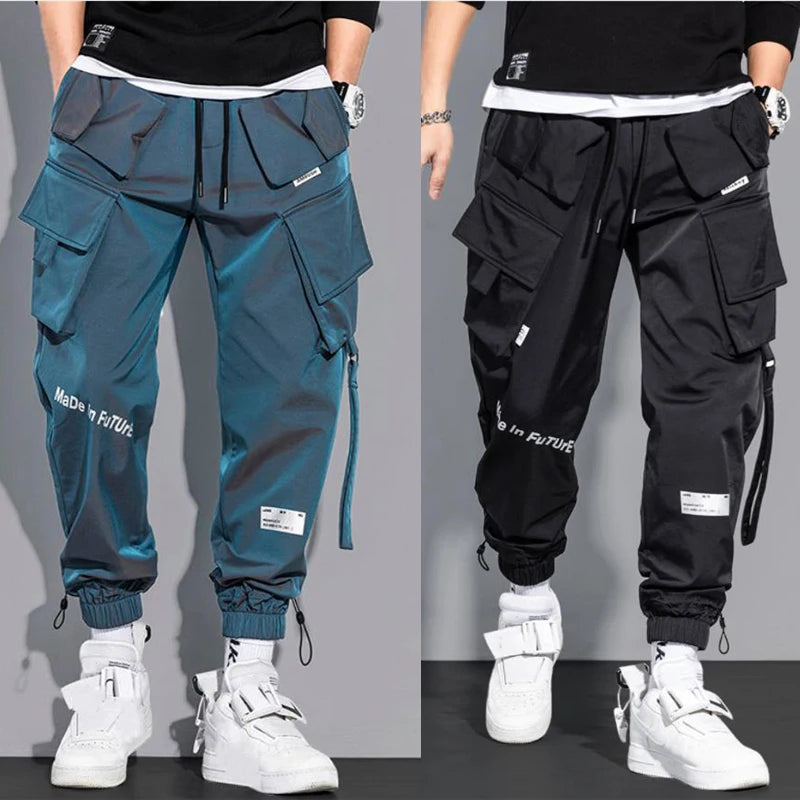 Mince Streetwear pantalons décontractés hommes rubans sarouel Jogging pantalon mâle coupe ajustée printemps Cargo pantalon multi-poches femmes pantalon K12