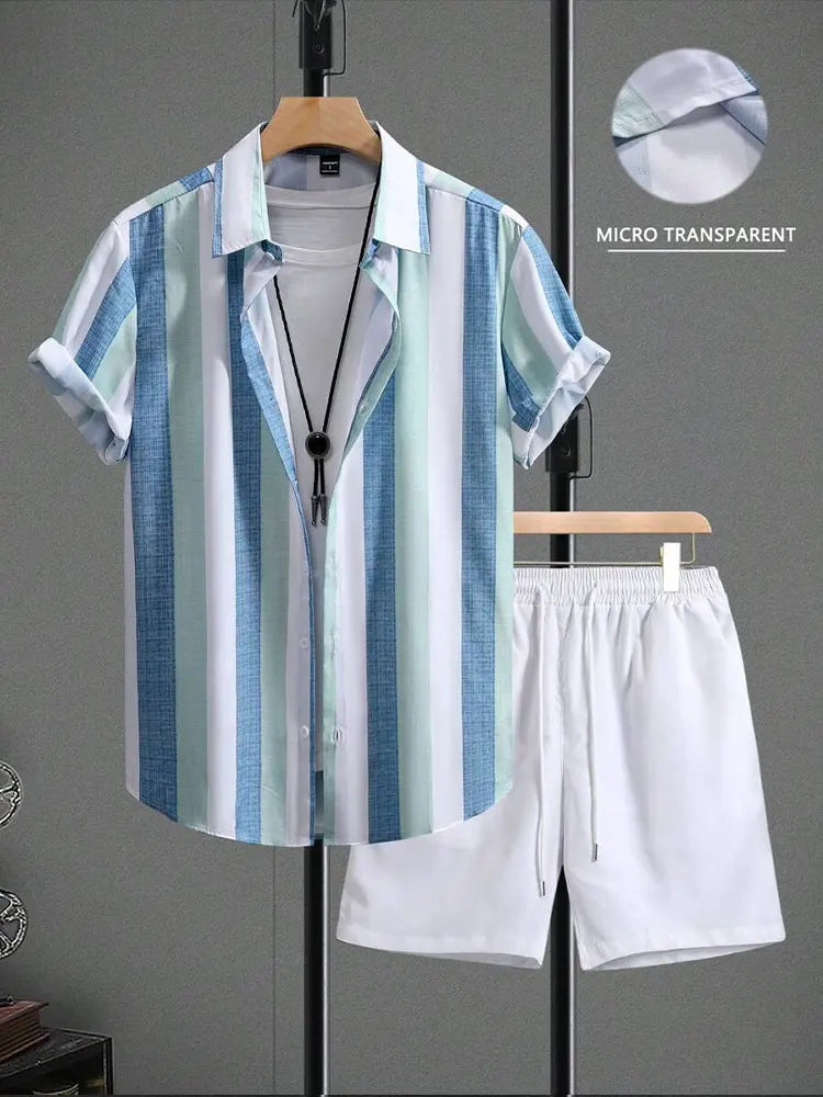 Men's 2-piece shirt and shorts set, beach shorts, short sleeve set, fashionable summer sports