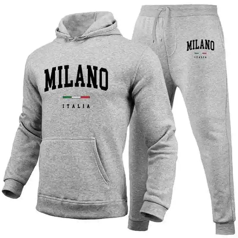 Felpa con cappuccio e pantaloni della tuta stampati Milano, abbigliamento casual da strada, sport, lusso.