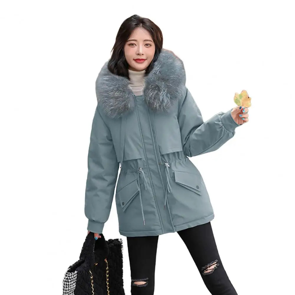 Doudoune chaude d'hiver avec capuche en fausse fourrure, manteau rembourré et doublé en peluche épaisse pour le travail et la ville.