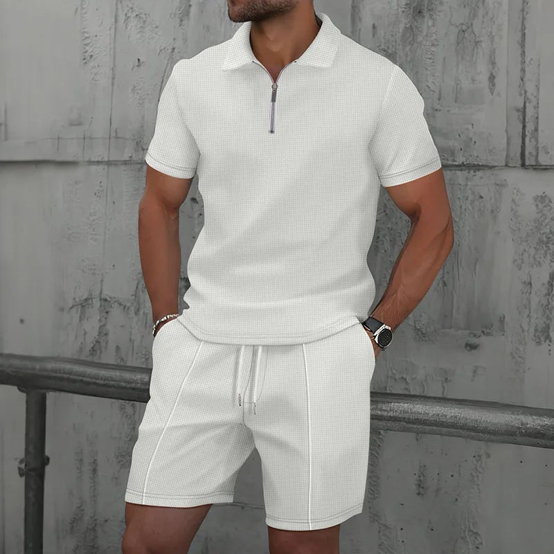 Ensemble deux pièces pour homme, nouvelle collection été 2025, couleur unie, fermeture éclair, revers, short, Europe et États-Unis