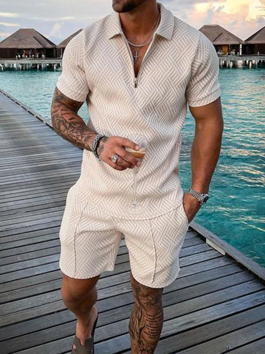 Ensemble 2 pièces à manches courtes et short pour homme, imprimé pois 3D amusant, polo zippé et décontracté, tenue d'été