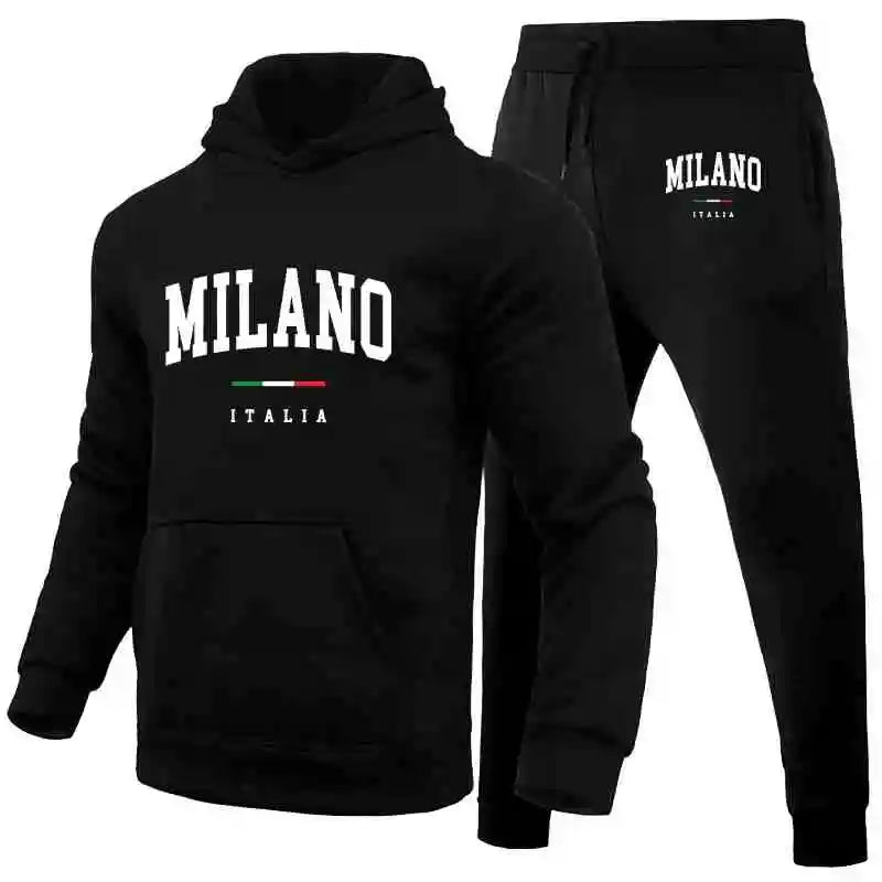 Felpa con cappuccio e pantaloni della tuta stampati Milano, abbigliamento casual da strada, sport, lusso.
