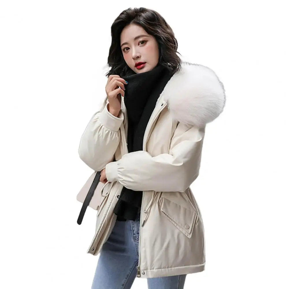 Doudoune chaude d'hiver avec capuche en fausse fourrure, manteau rembourré et doublé en peluche épaisse pour le travail et la ville.