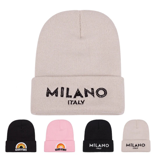 Bonnets de luxe brodés MILANO où Good Vibes pour femmes et hommes, tricoté chaud en hiver, pour loisirs en plein air, masque de Ski, cagoule