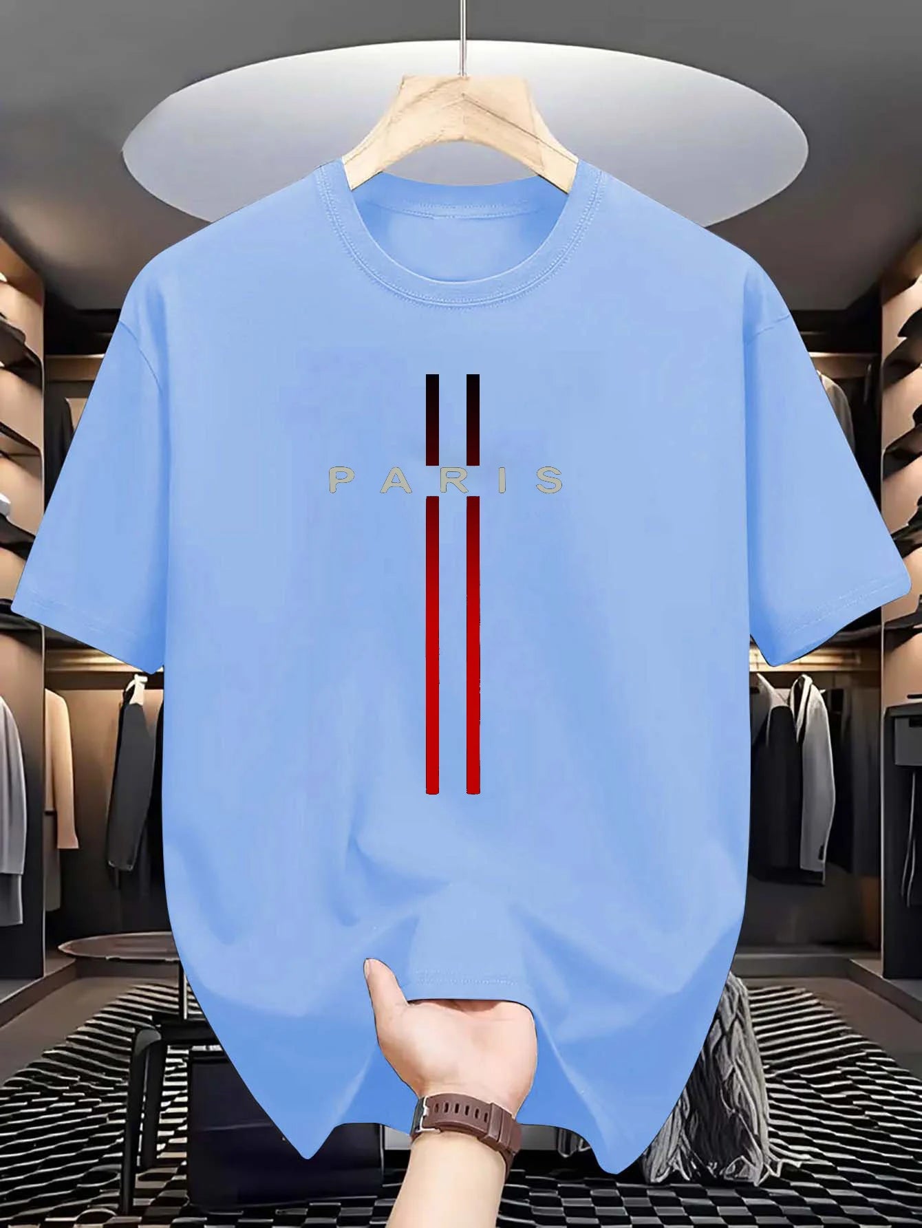 T-shirt d'été décontracté à manches courtes et col rond pour homme, 100 % pur coton, imprimé lettres Paris, confortable